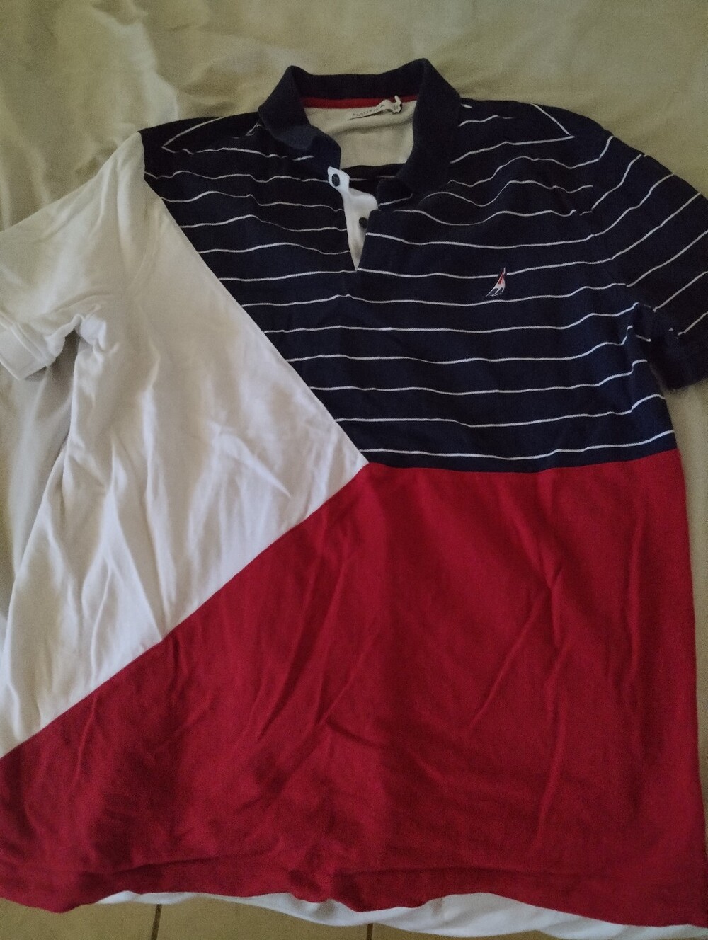 Nautica Navy, White & Red Striped Collar Polo